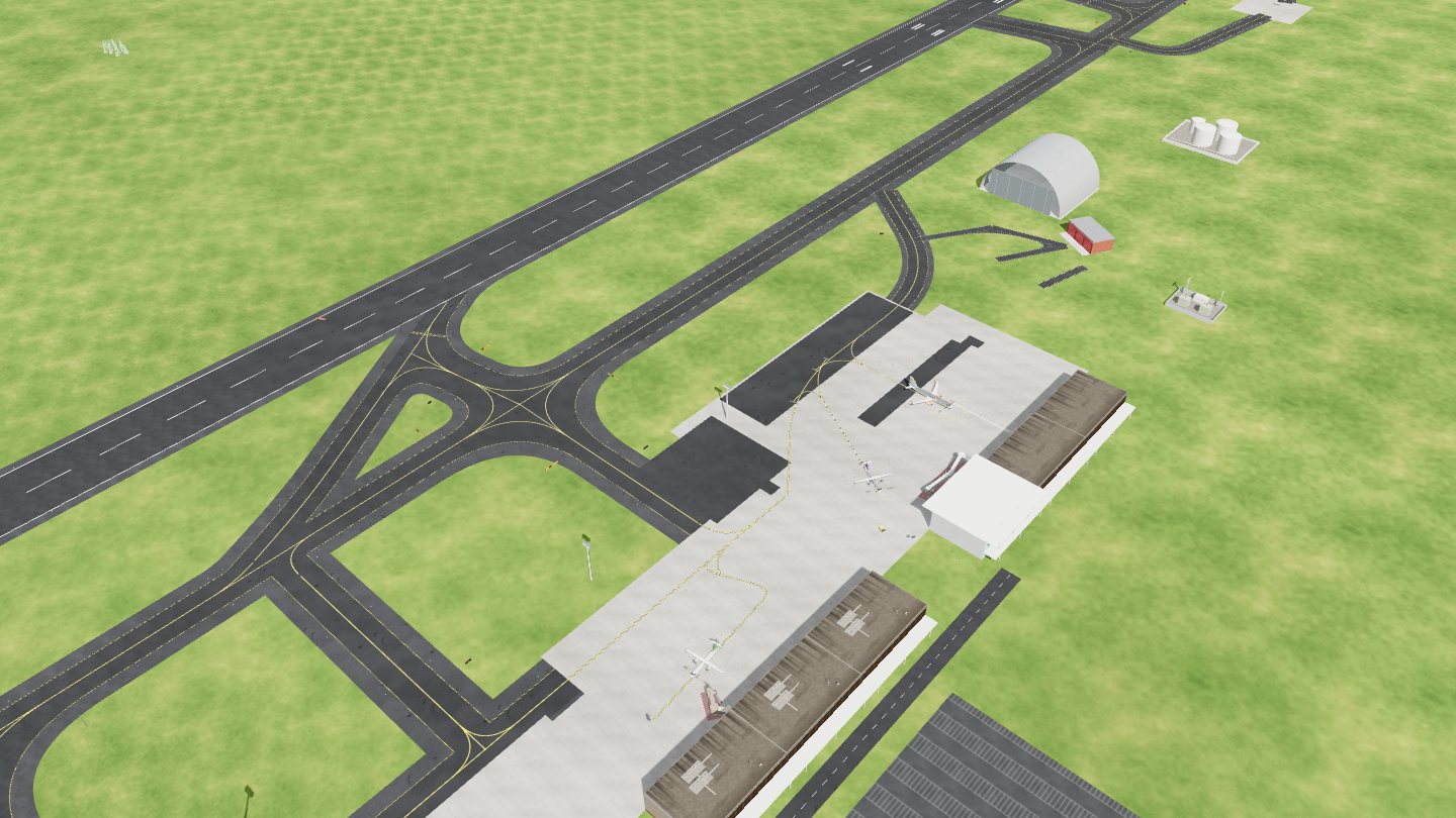 Aerial view of runways, taxiways, terminals and a hangar