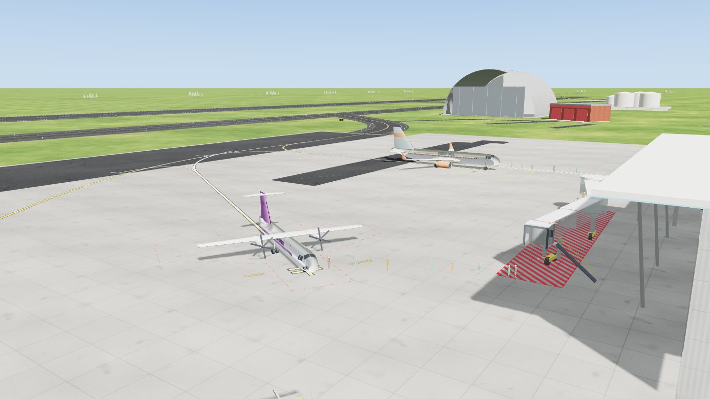 Apron with a turboprop, a jet taxiing, a hangar, fire station and fuel farm