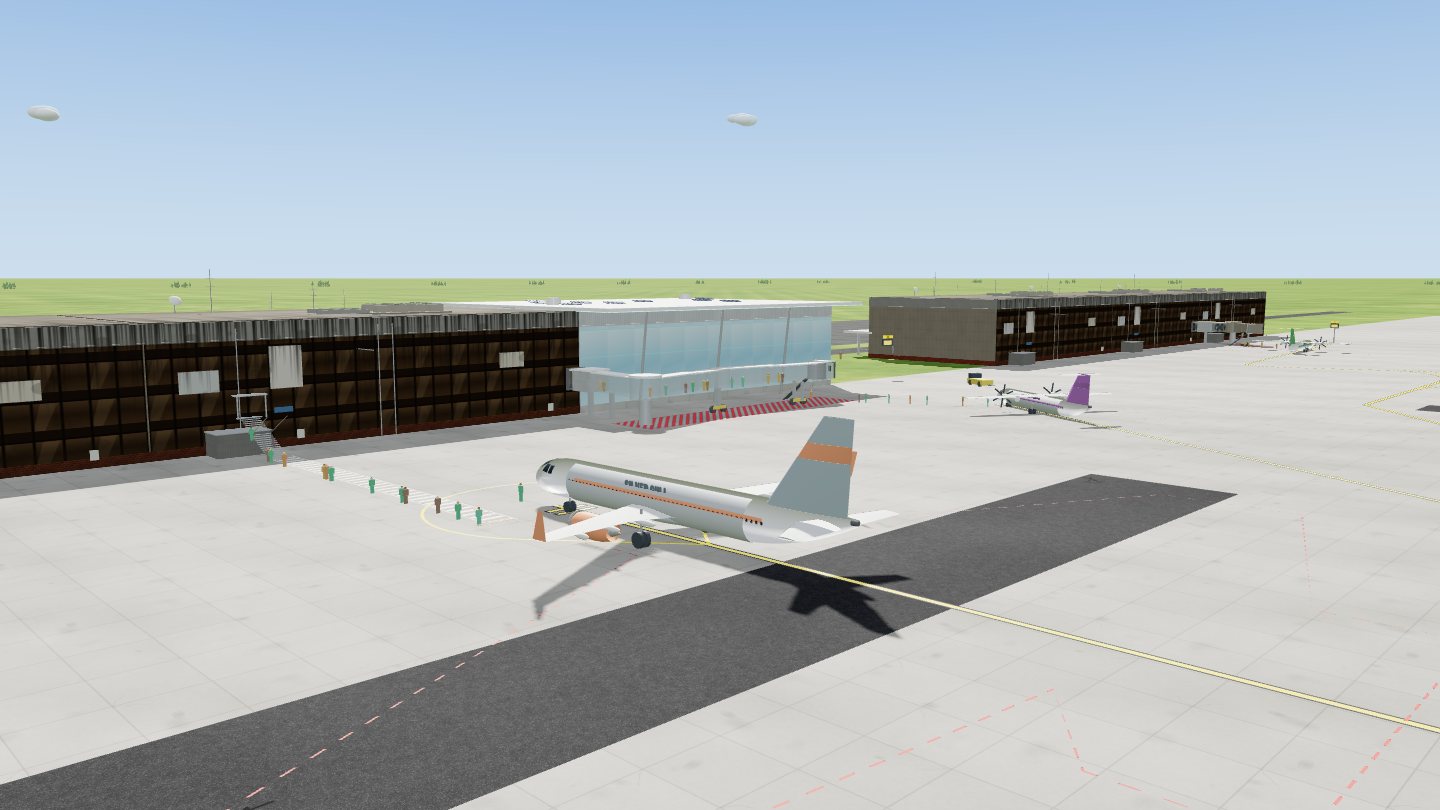 A jet boarding by stairs at a 1960s terminal next to a glass future-era terminal, with a turboprop and more terminals behind
