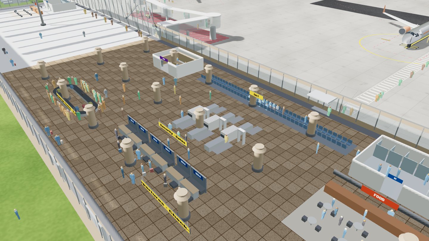 Inside a terminal level: check-in desks, security lanes, seating, food and passengers
